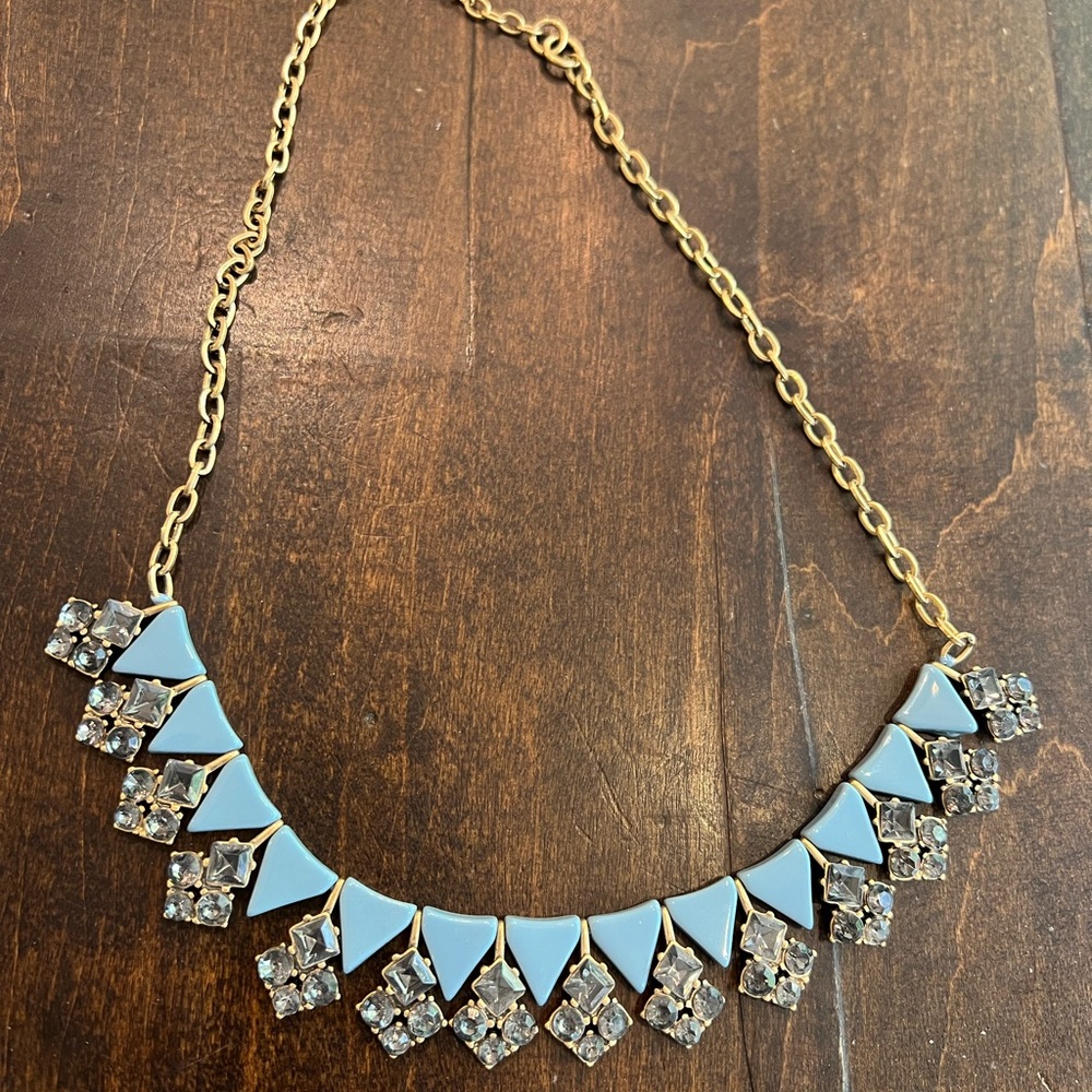JCrew, 18” adjustable necklace. Blue triangles and light  blue gems.